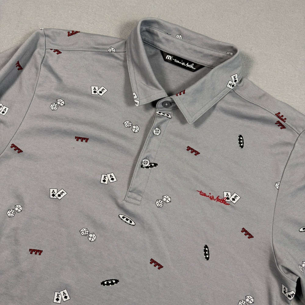 Travis Mathew Golf Polo Shirt Mens Medium Gray Casino Poker AOP Golf Crads‎ Dice
